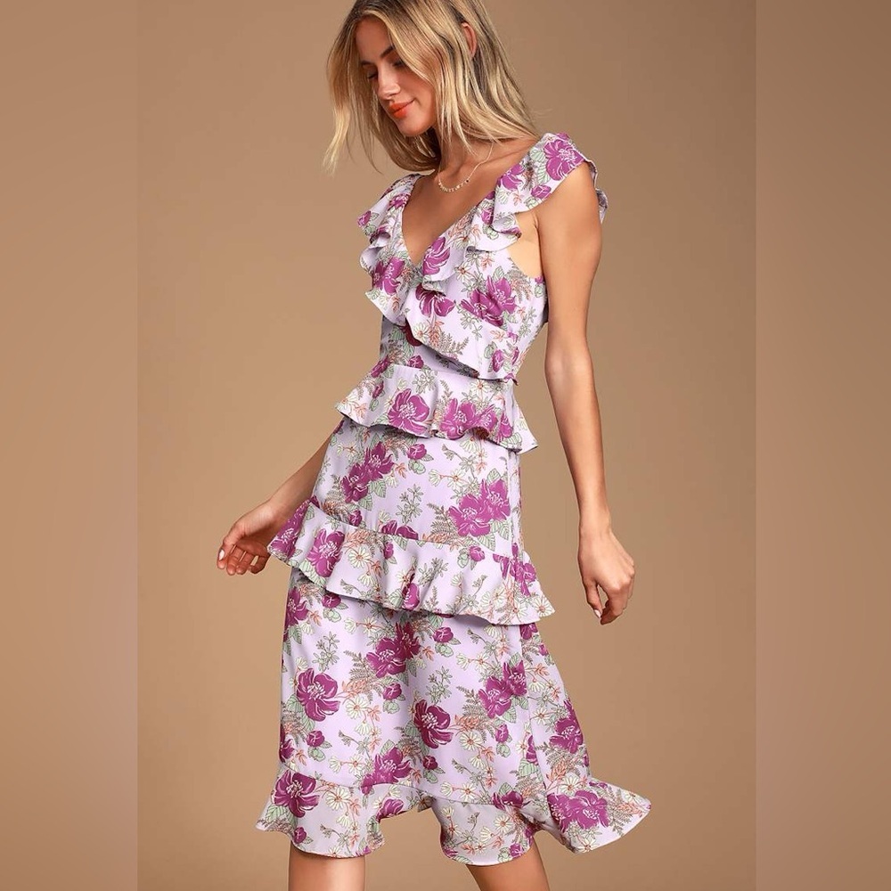 Lulu’s Fleur-Evermore Lavender Floral Print Ruffled Midi Dress Size Extra Small - Picture 4 of 8